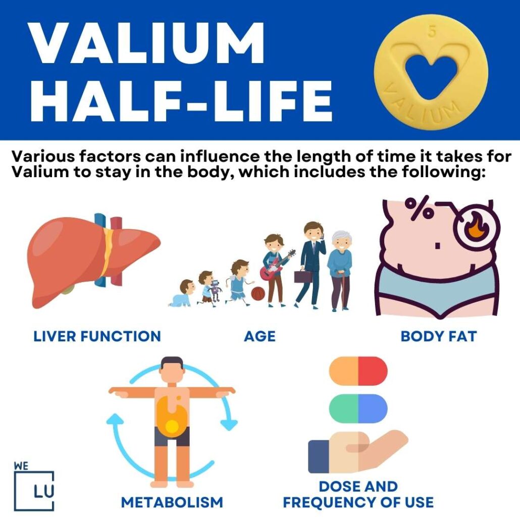 The above chart on “Valium Half Life” Shows the different factors affecting the half-life of valium.