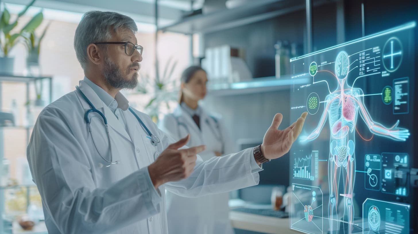 a doctor explaining the detox process with scientific diagrams on a screen