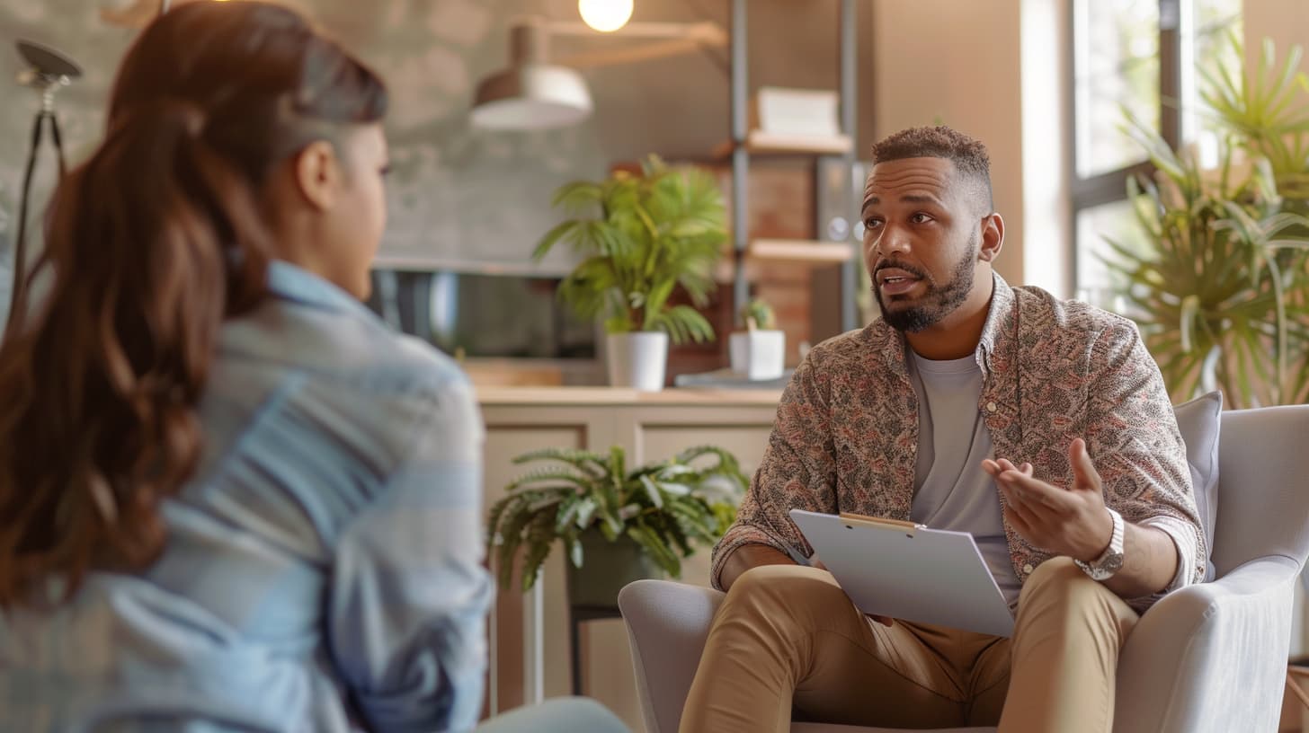 a patient listens attentively to a therapist in a well-lit office, discussing drug recovery options
