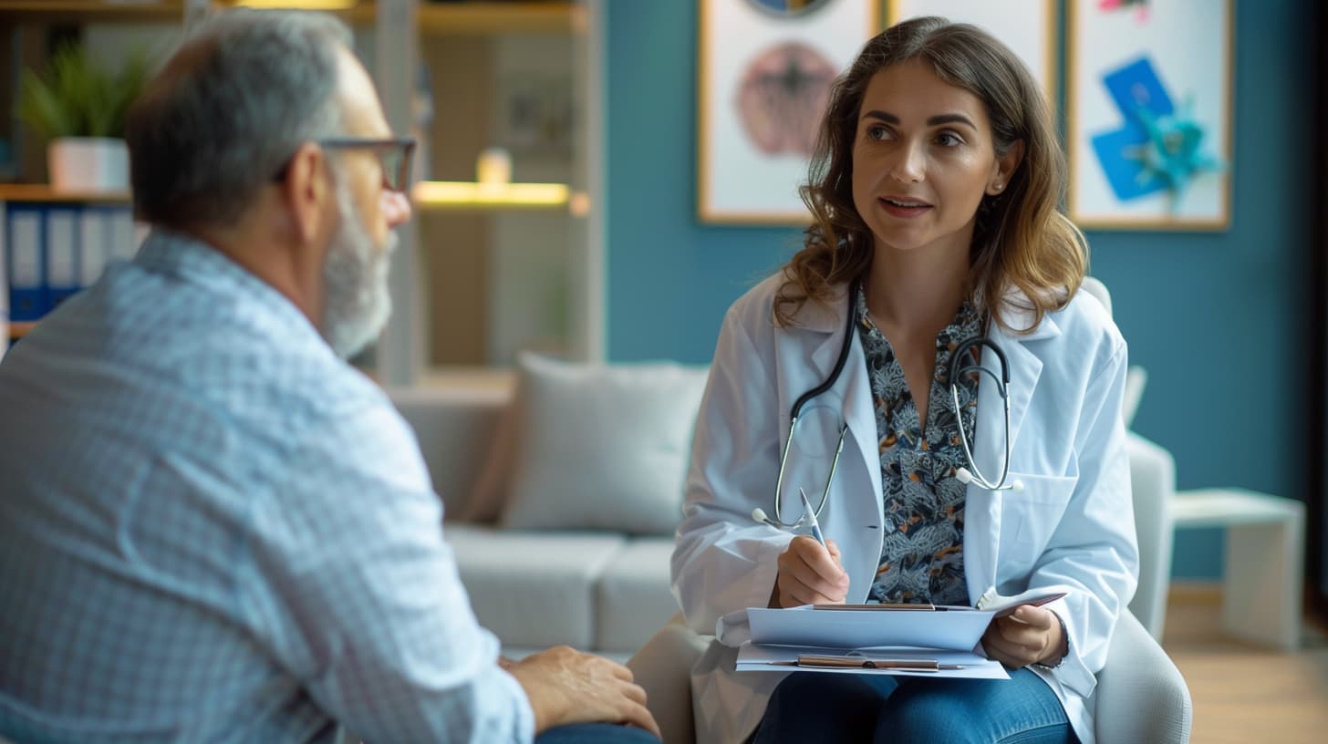 a therapist sits in a modern office with a patient who listens attentively
