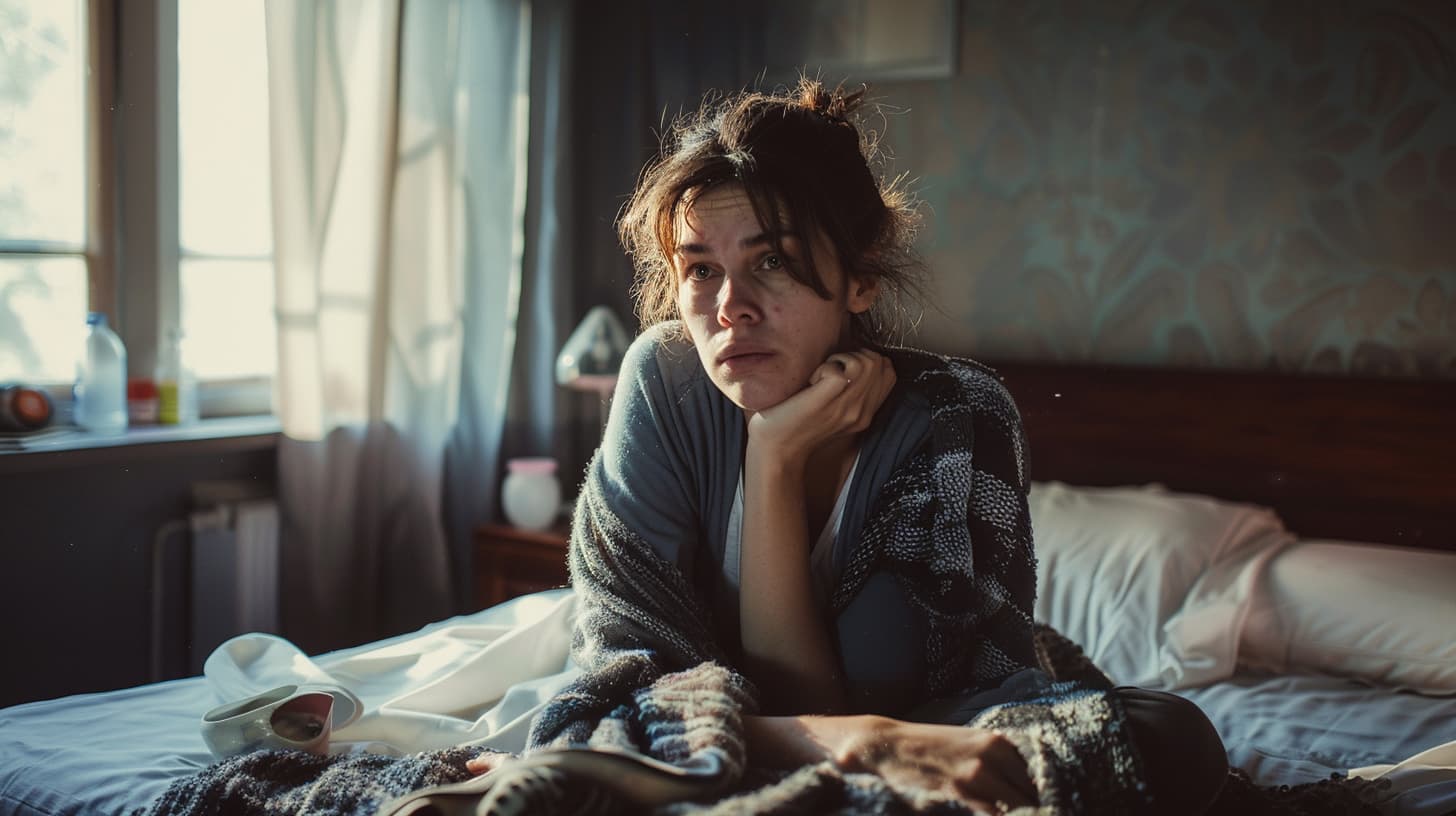 distressed woman on a bed experiencing drug withdrawal