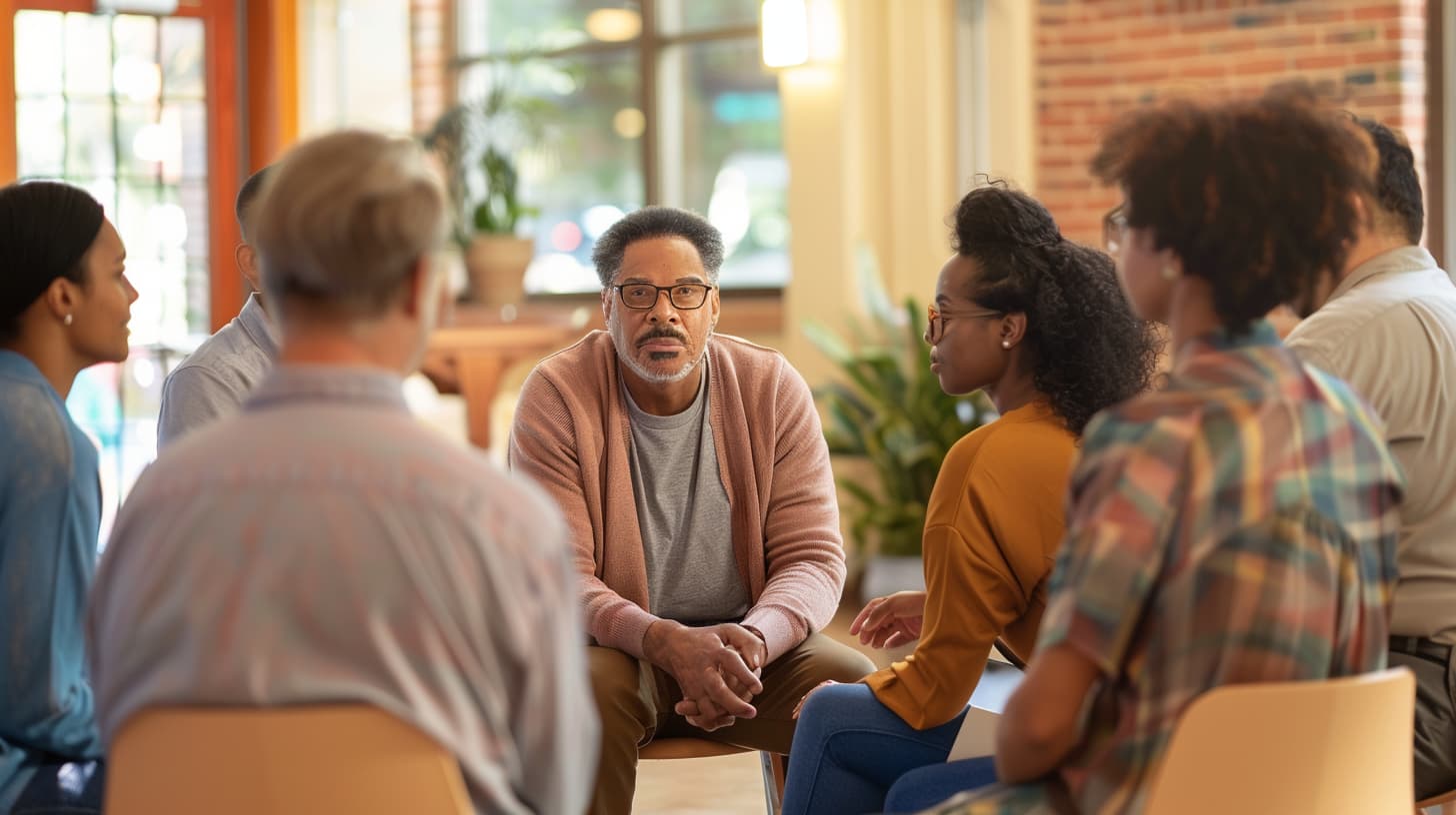 diverse individuals in a well-lit community center engage in a heartfelt support meeting, guided by a facilitator