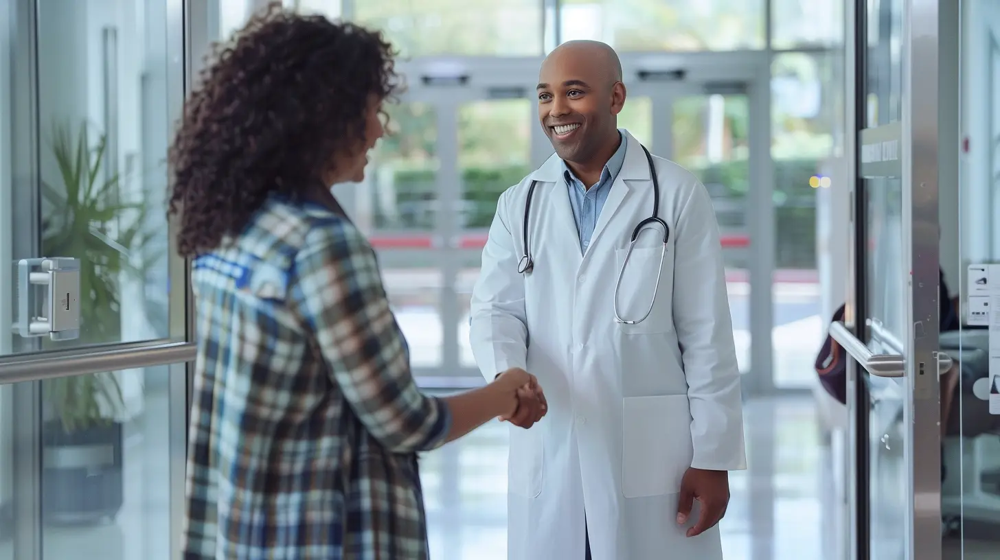 healthcare professional in a white coat greets a patient at the entrance of a treatment medical facility