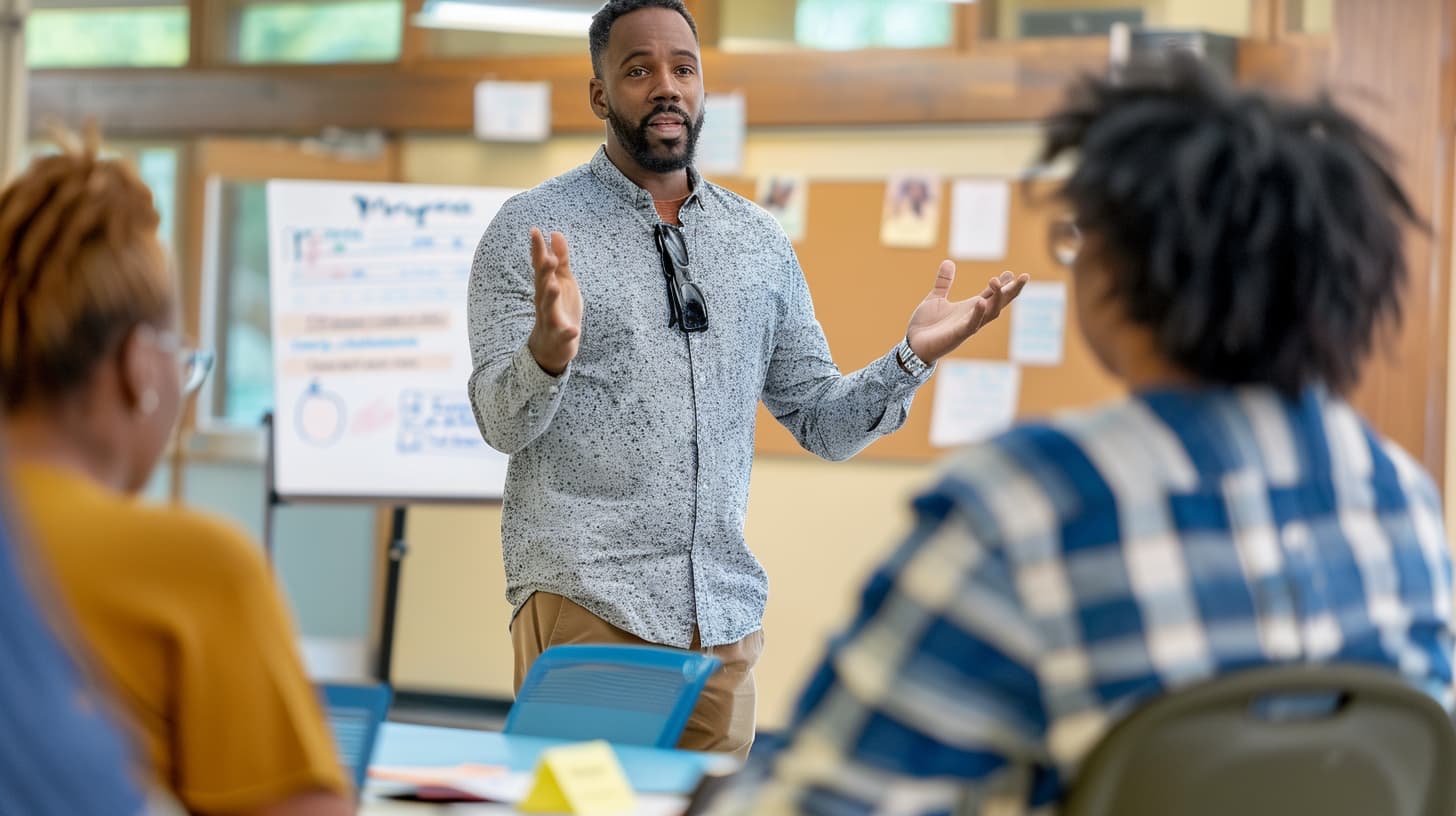 man leads a small group in a well-lit community center, explaining drug detox preparation