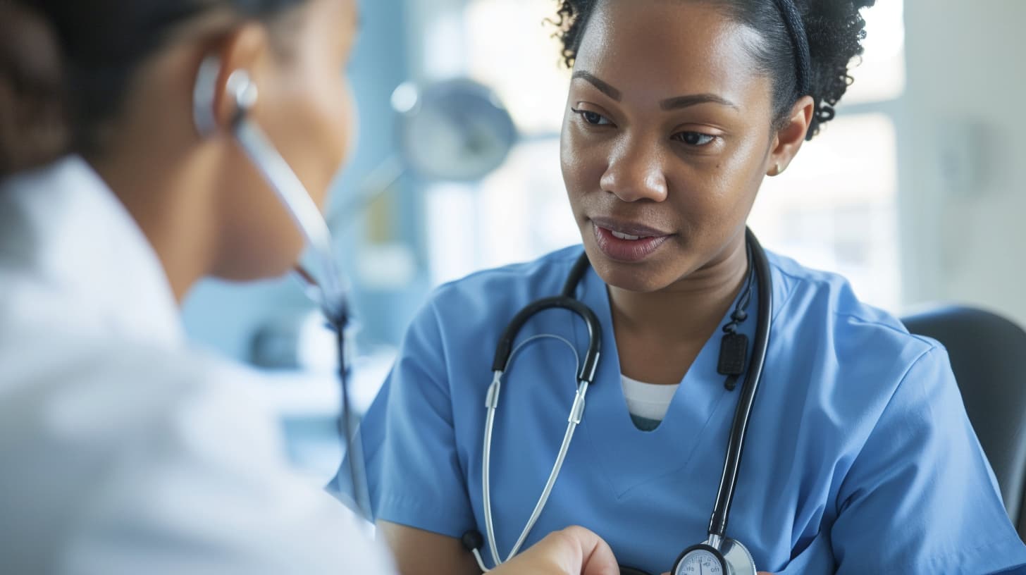 nurse taking a patient’s blood pressure with a digital monitor in a medical clinic