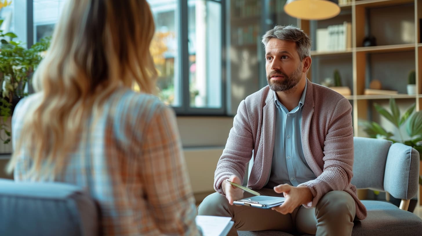 therapist discusses buprenorphine therapy and counseling options with a patient in a supportive office setting