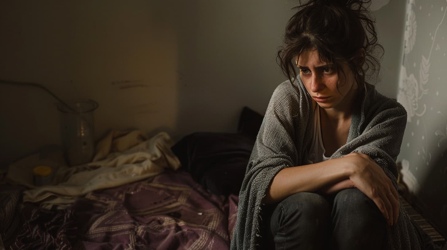 woman suffering heroin withdrawal, sweating and distressed, sitting on a bed in a dimly lit room