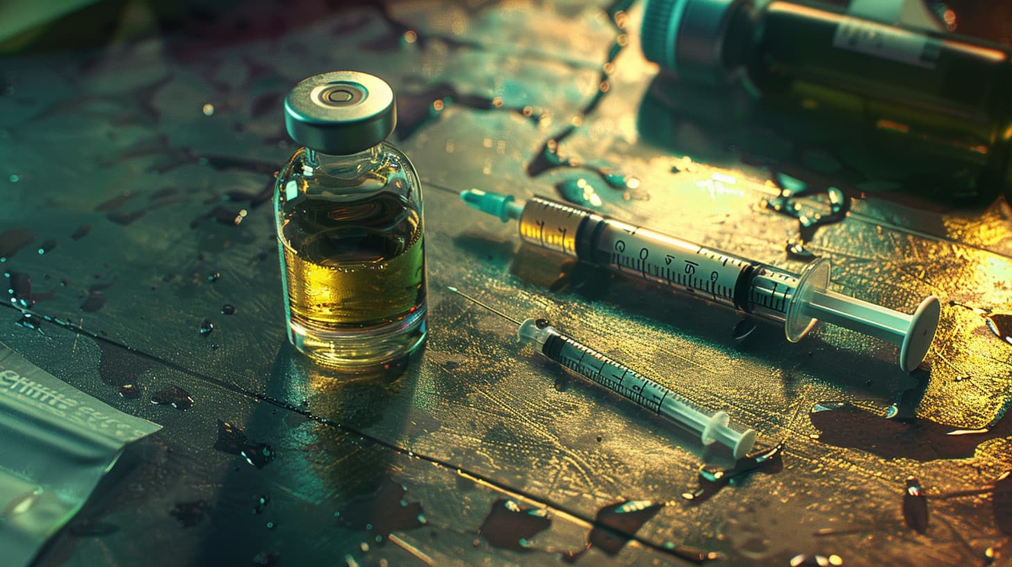 a GHB bottle and medical syringe on the table