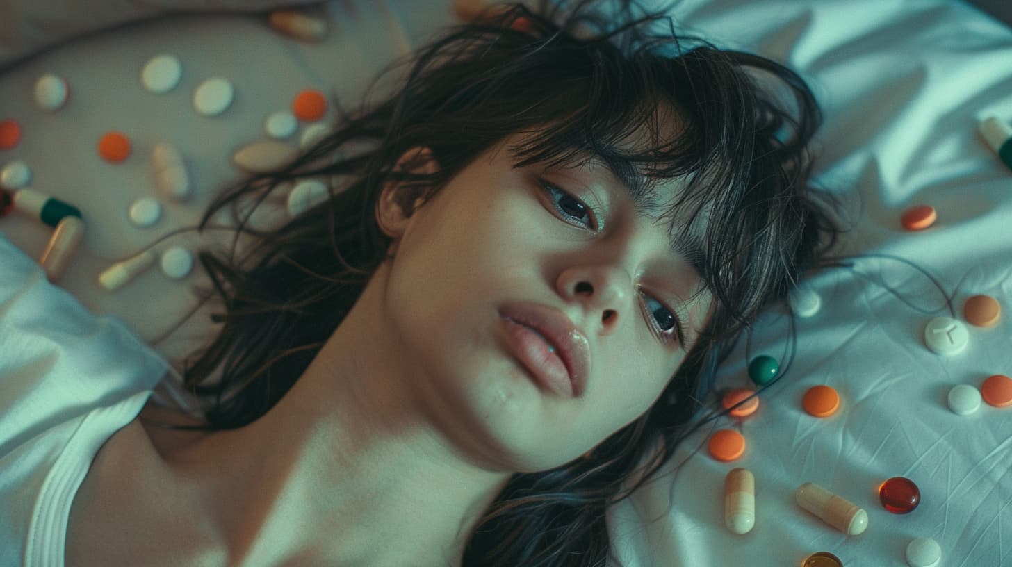 exhausted woman on a bed, distressed, surrounded by scattered pills.