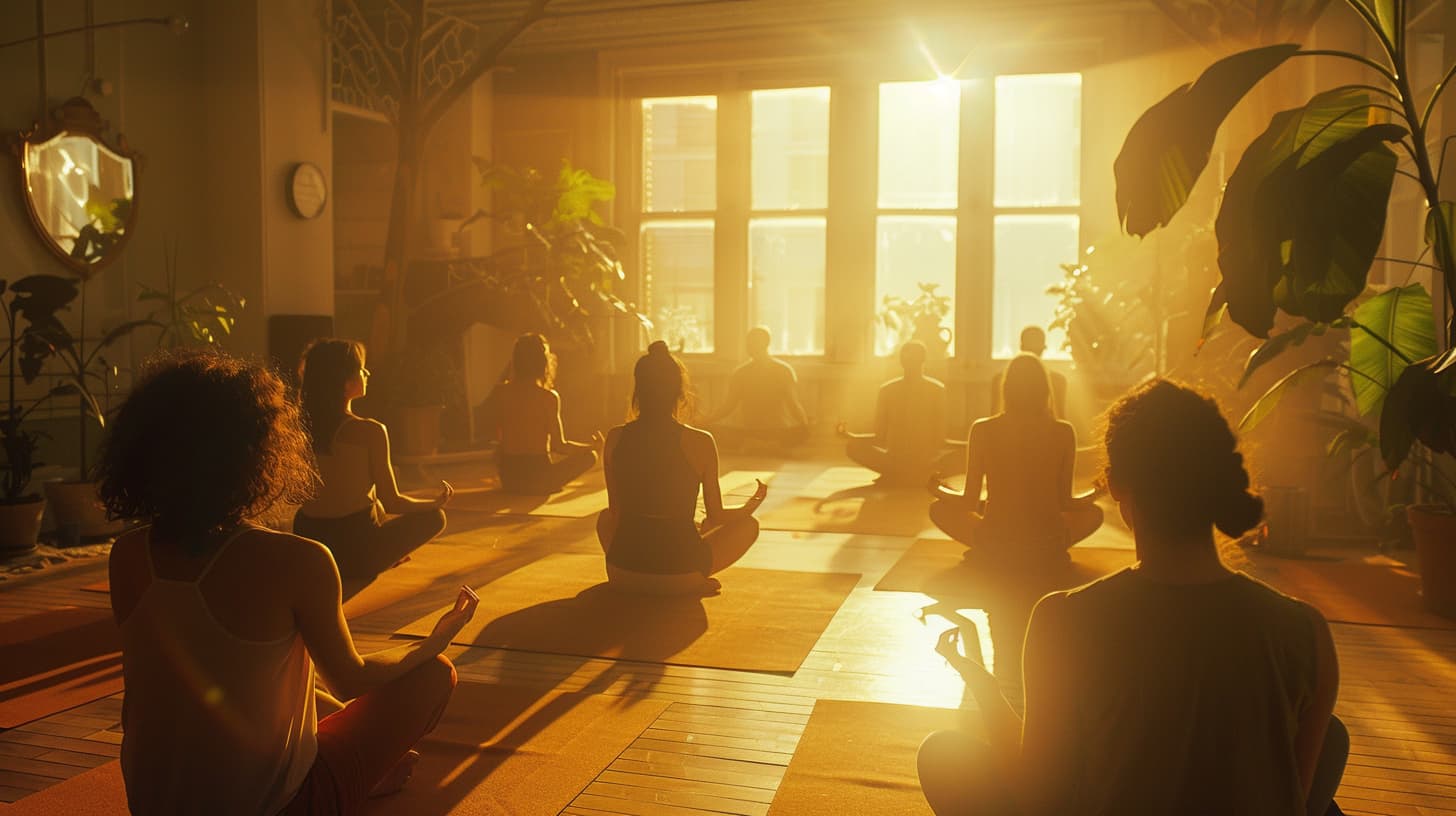 group therapy session practicing mindfulness exercises for drug detox in a serene, sunlit room