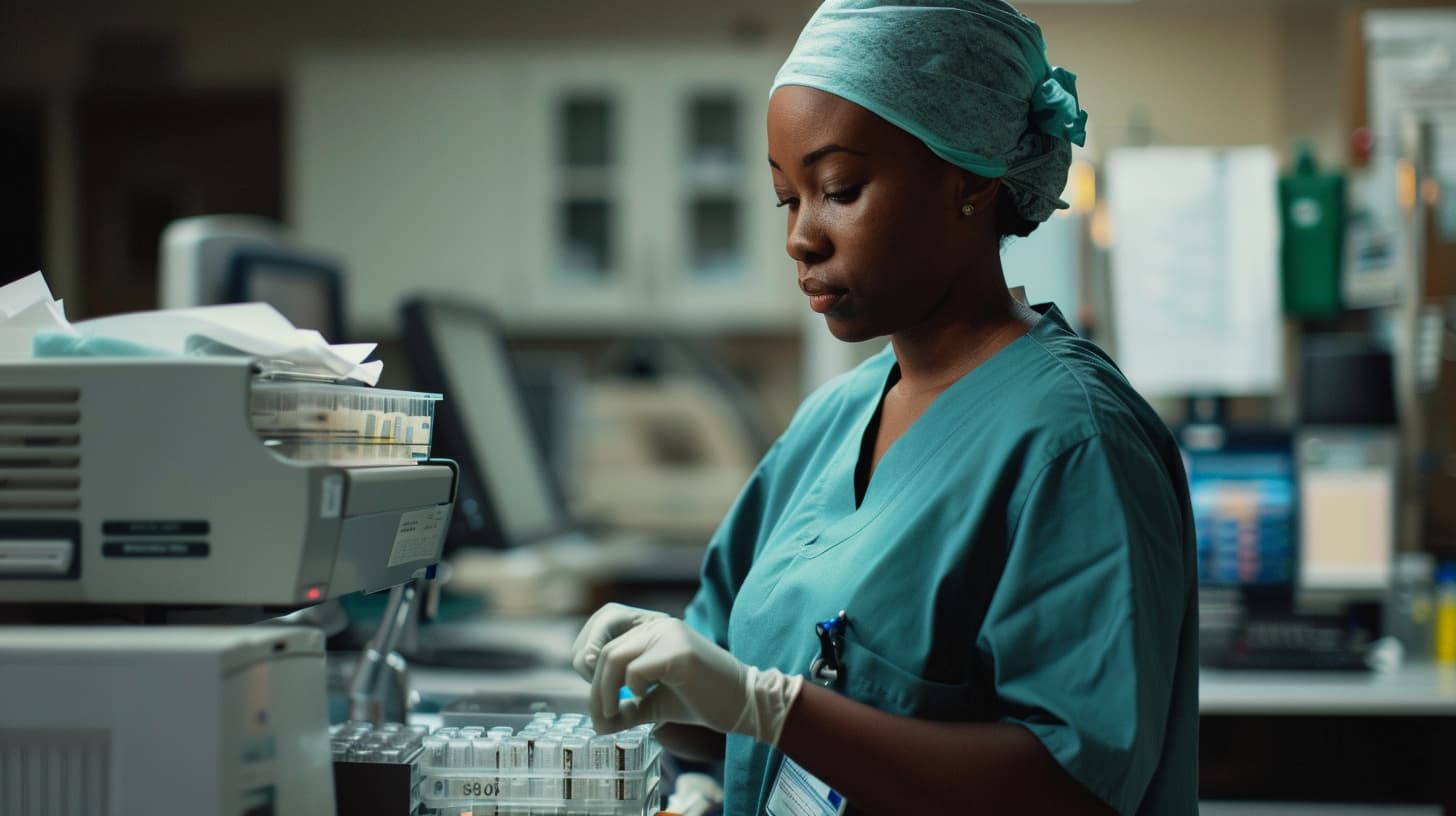healthcare worker in scrubs labels medical specimen containers in a lab