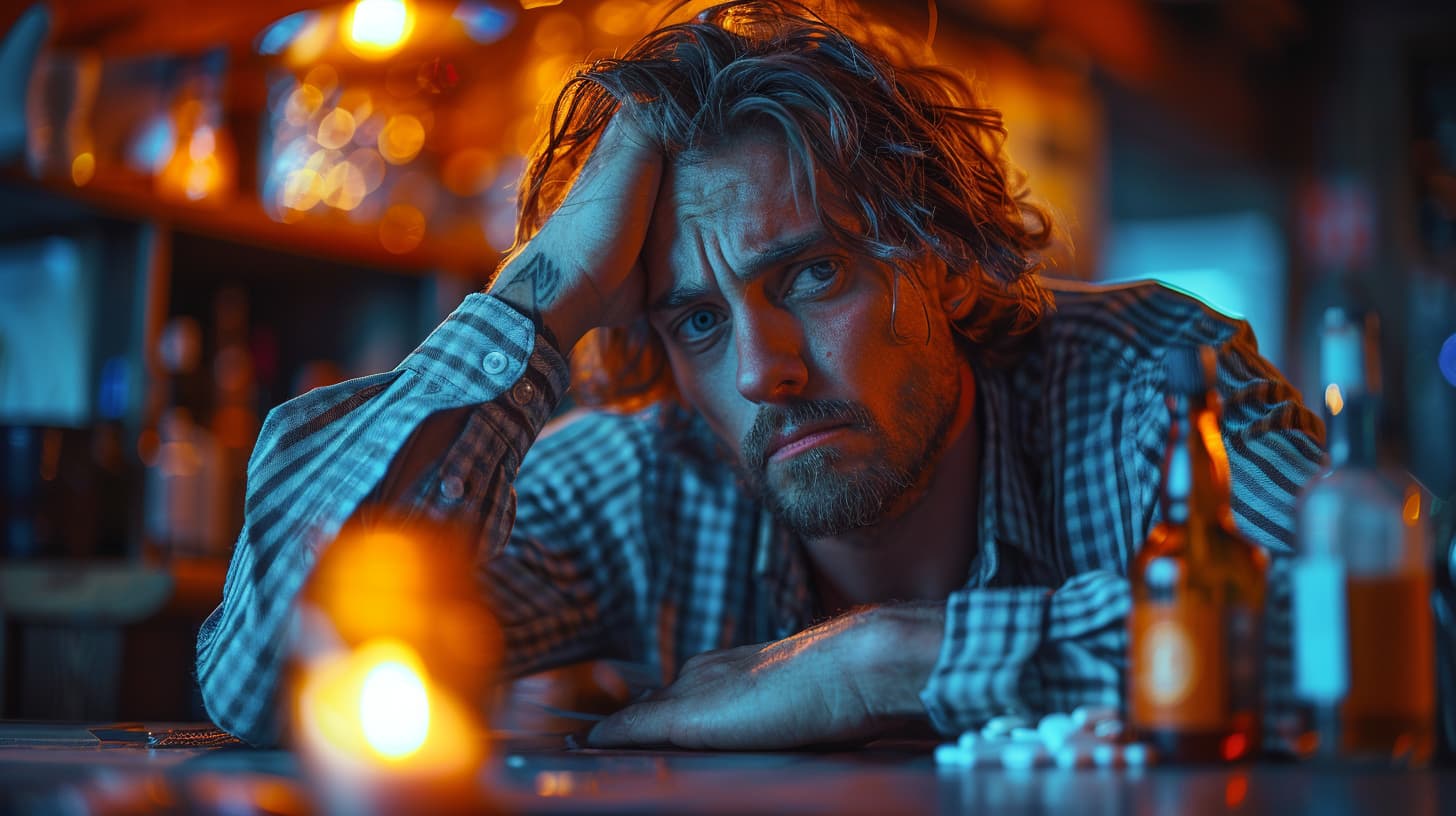 man with a headache drinking alcohol, ativan pills nearby