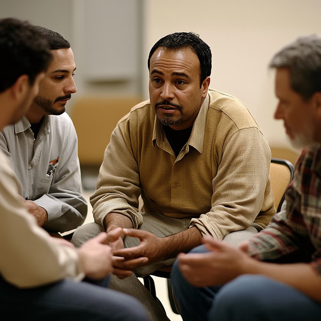 men participating in an addiction recovery group session