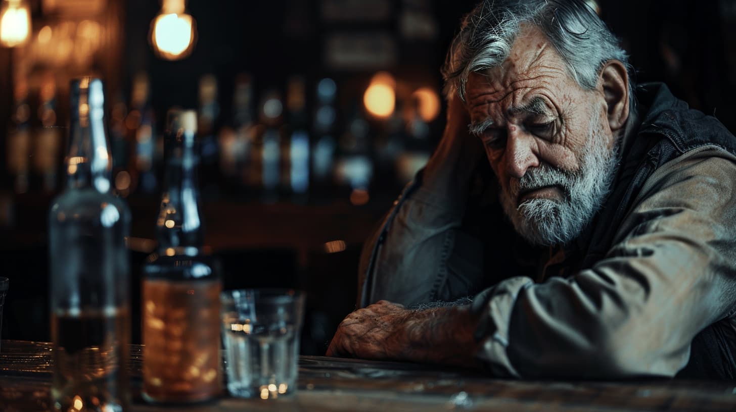 older man at a bar, head down, drinking liquor, struggling with the harsh reality of alcoholism
