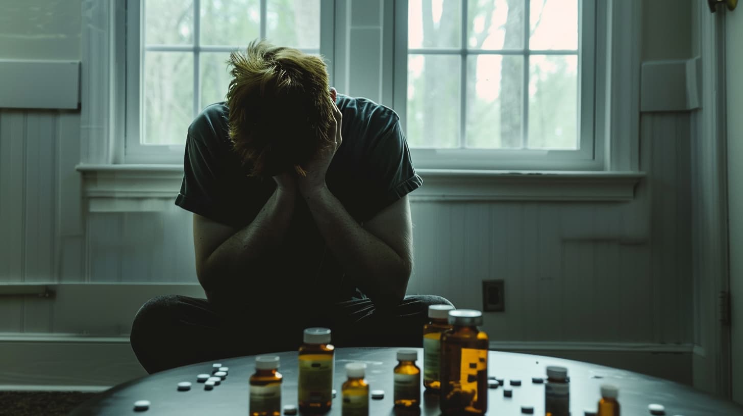 a tired, anxious person sits alone in a dimly lit room surrounded by scattered pill bottles