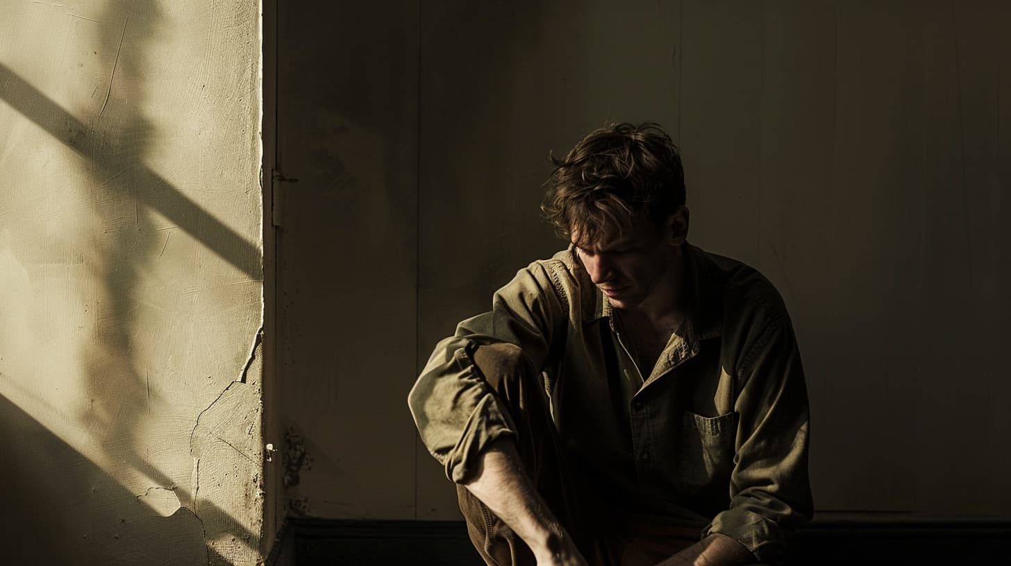 sad man slouched against a wall, sitting on the floor in dim light cocaine addiction