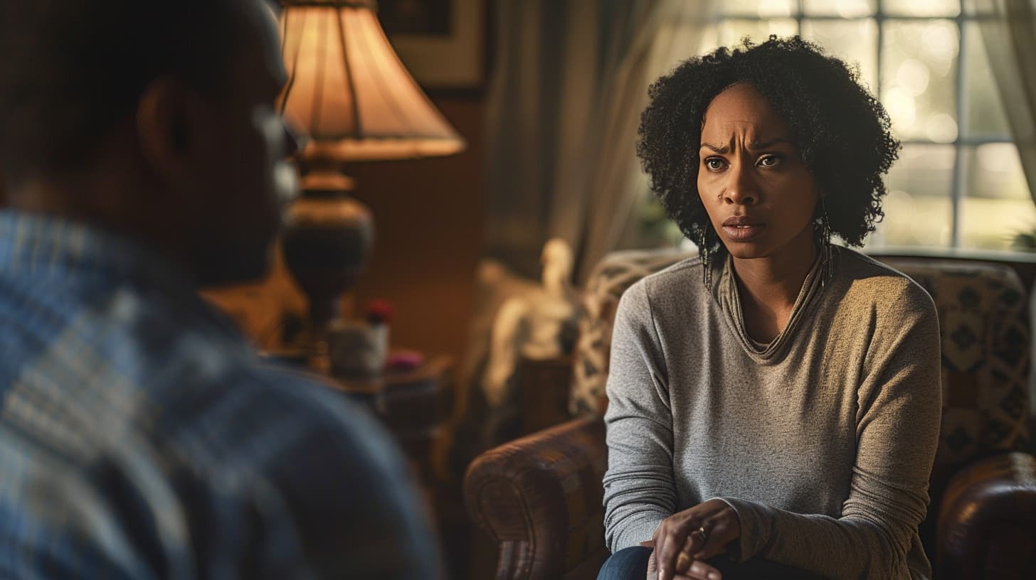 woman confronts husband in living room about hallucinogen addiction
